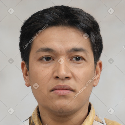 Neutral asian young-adult male with short  brown hair and brown eyes