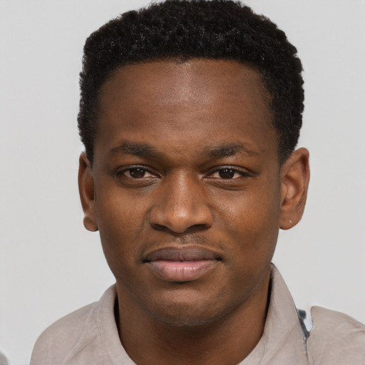 Joyful black young-adult male with short  brown hair and brown eyes