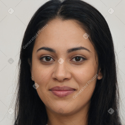 Joyful latino young-adult female with long  brown hair and brown eyes