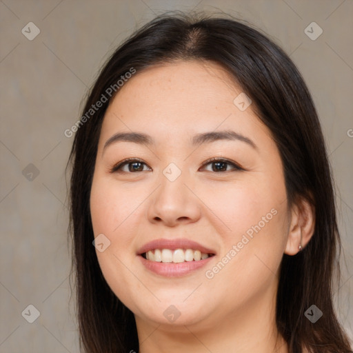 Joyful white young-adult female with long  brown hair and brown eyes