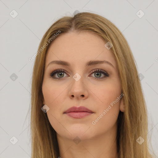 Neutral white young-adult female with long  brown hair and brown eyes