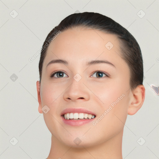 Joyful white young-adult female with short  black hair and brown eyes