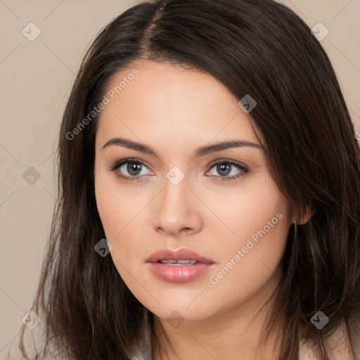 Neutral white young-adult female with long  brown hair and brown eyes