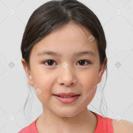 Joyful white child female with medium  brown hair and brown eyes