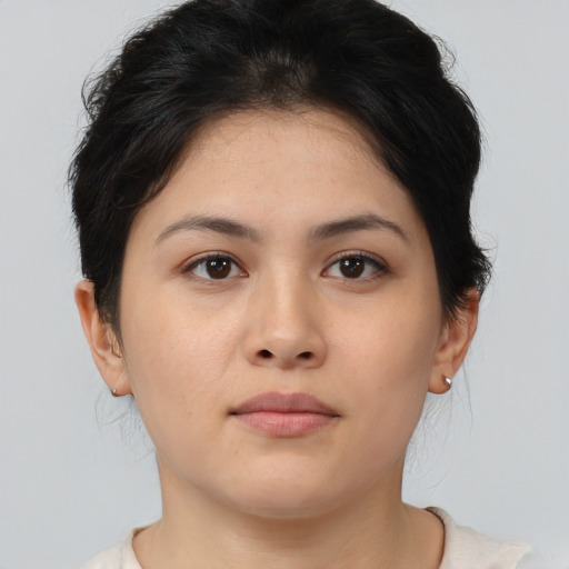 Neutral asian young-adult female with medium  brown hair and brown eyes
