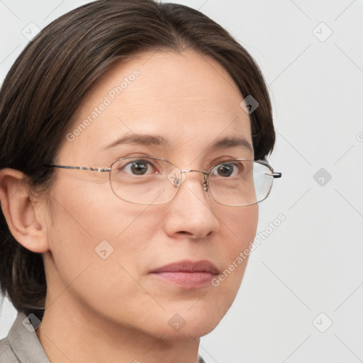 Neutral white adult female with medium  brown hair and grey eyes