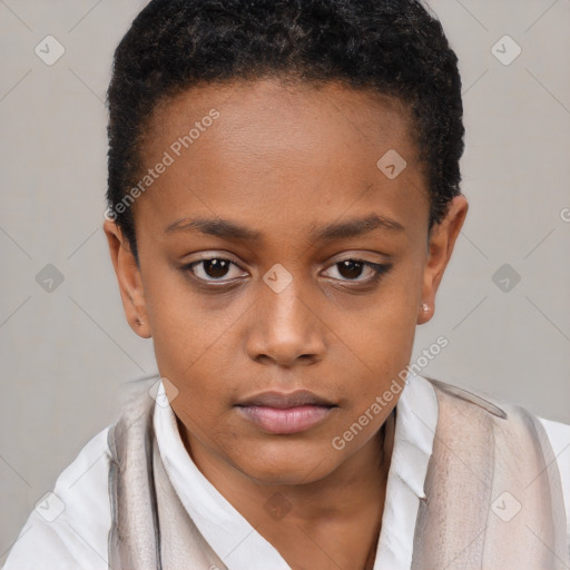 Neutral black young-adult female with short  brown hair and brown eyes