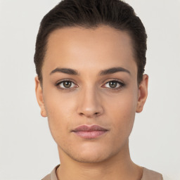 Neutral white young-adult female with short  brown hair and brown eyes