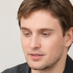 Neutral white young-adult male with short  brown hair and grey eyes