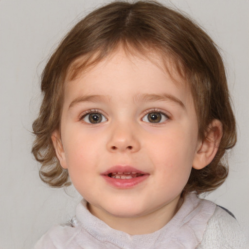 Joyful white child female with medium  brown hair and blue eyes