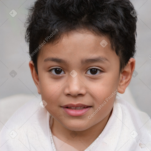 Joyful white child male with short  brown hair and brown eyes