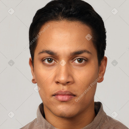 Neutral latino young-adult male with short  black hair and brown eyes