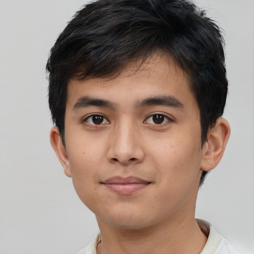 Neutral asian young-adult male with short  black hair and brown eyes