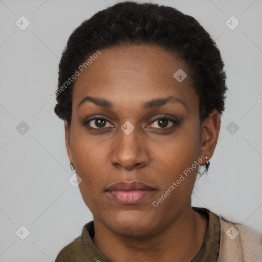 Neutral black young-adult female with short  black hair and brown eyes