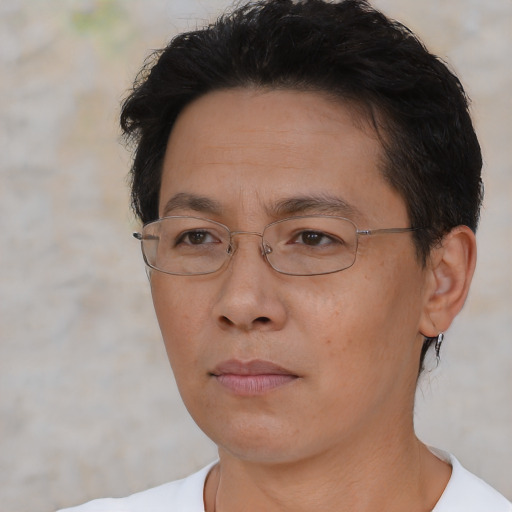Neutral asian adult male with short  brown hair and brown eyes