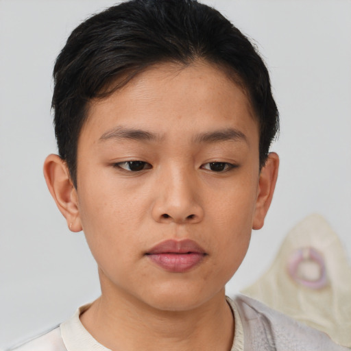 Neutral asian young-adult female with short  brown hair and brown eyes