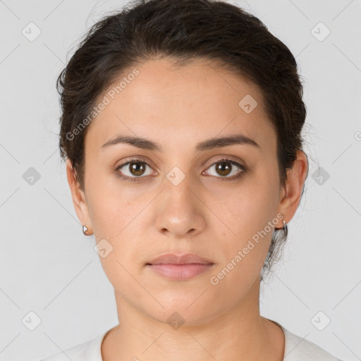 Neutral white young-adult female with short  brown hair and brown eyes