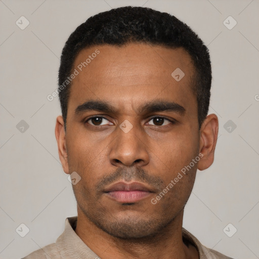 Neutral latino young-adult male with short  black hair and brown eyes