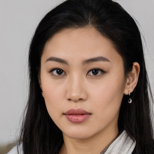 Neutral asian young-adult female with long  brown hair and brown eyes