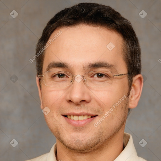 Joyful white adult male with short  brown hair and brown eyes