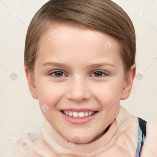 Joyful white child female with short  brown hair and brown eyes