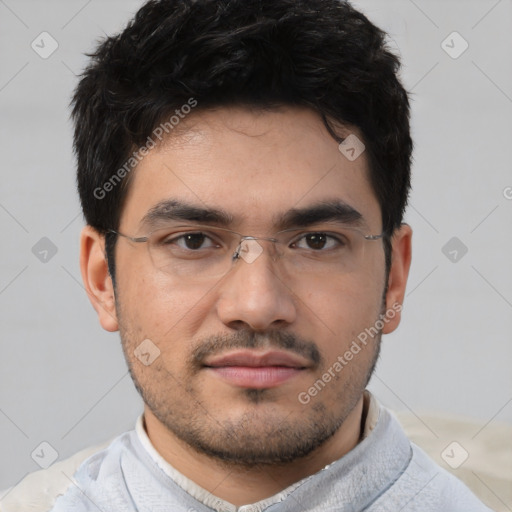 Neutral white young-adult male with short  black hair and brown eyes