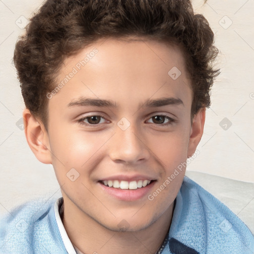 Joyful white child male with short  brown hair and brown eyes