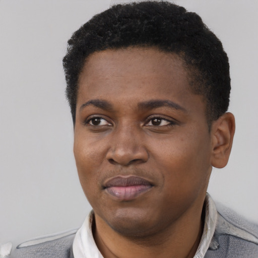 Joyful black young-adult female with short  black hair and brown eyes