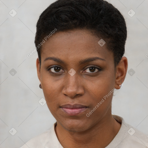 Neutral black young-adult female with short  brown hair and brown eyes