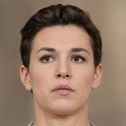 Neutral white young-adult female with short  brown hair and brown eyes