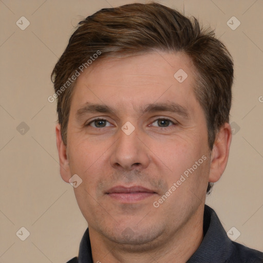 Neutral white adult male with short  brown hair and brown eyes