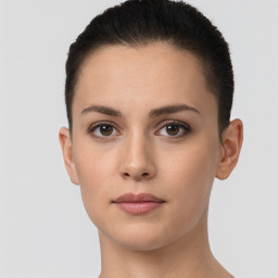 Neutral white young-adult female with short  brown hair and brown eyes