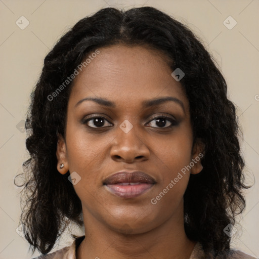Joyful black young-adult female with medium  black hair and brown eyes