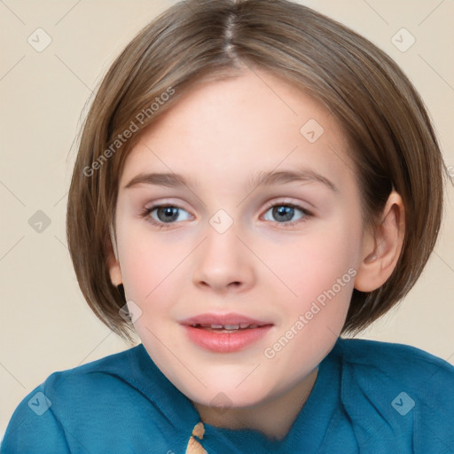 Joyful white child female with medium  brown hair and brown eyes