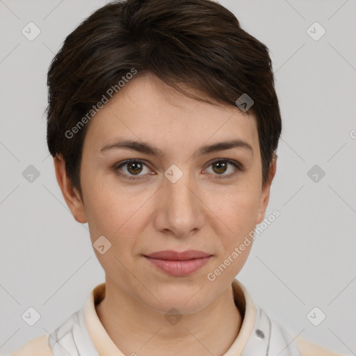 Joyful white young-adult female with short  brown hair and brown eyes