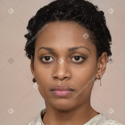 Neutral black young-adult female with short  black hair and brown eyes