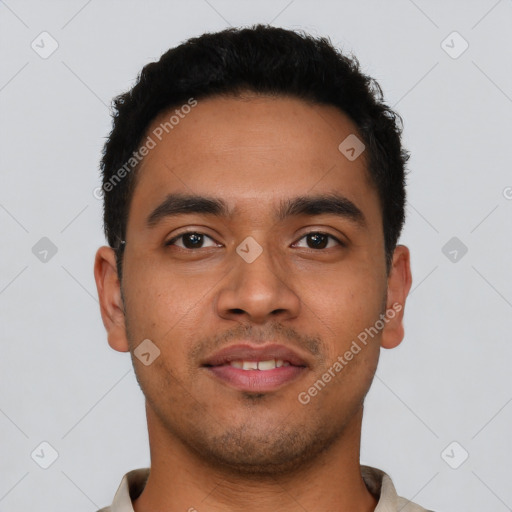 Neutral latino young-adult male with short  black hair and brown eyes