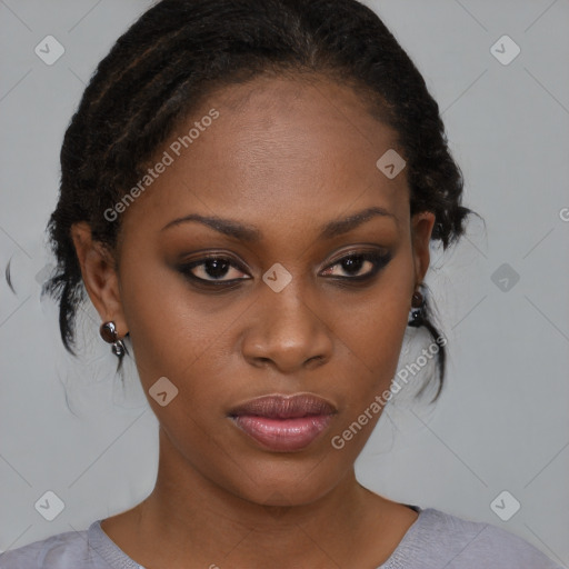 Neutral black young-adult female with medium  brown hair and brown eyes