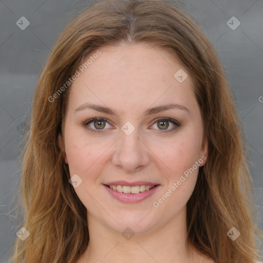 Joyful white young-adult female with long  brown hair and green eyes