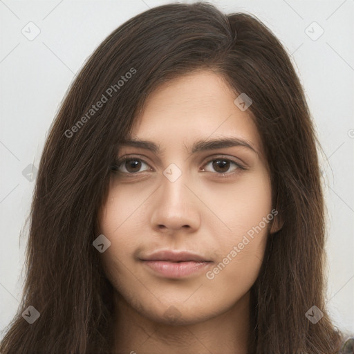 Neutral white young-adult female with long  brown hair and brown eyes