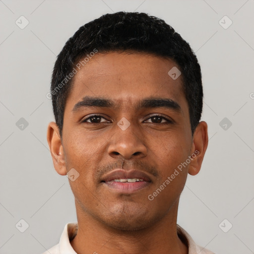 Neutral latino young-adult male with short  black hair and brown eyes