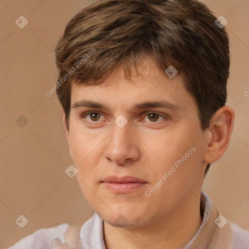 Neutral white young-adult male with short  brown hair and brown eyes