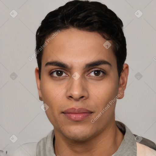 Neutral white young-adult male with short  black hair and brown eyes