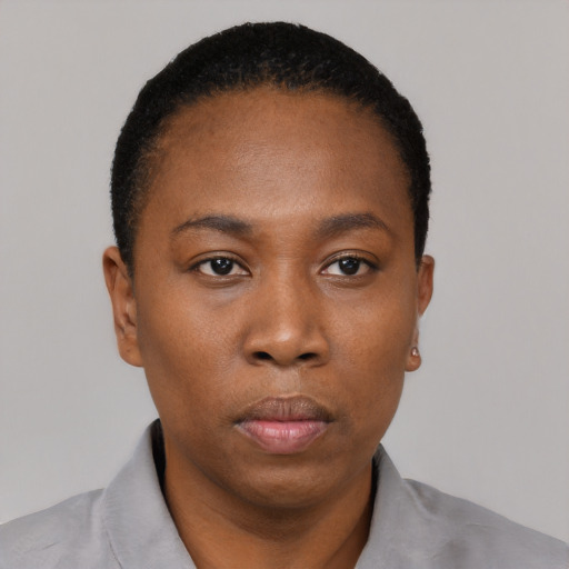 Neutral black young-adult female with short  black hair and brown eyes