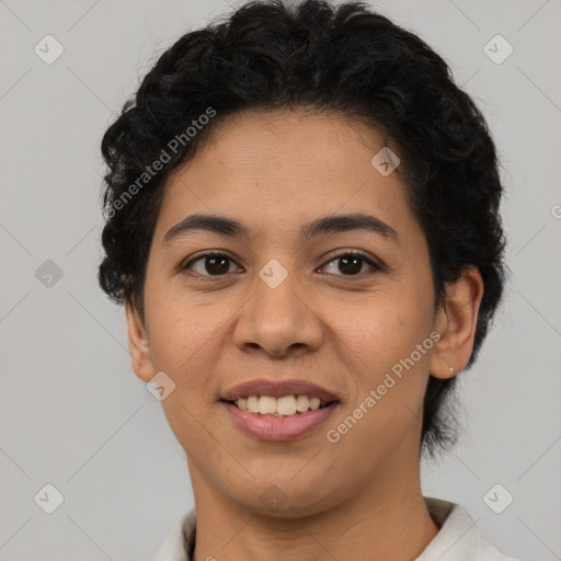 Joyful latino young-adult female with short  brown hair and brown eyes