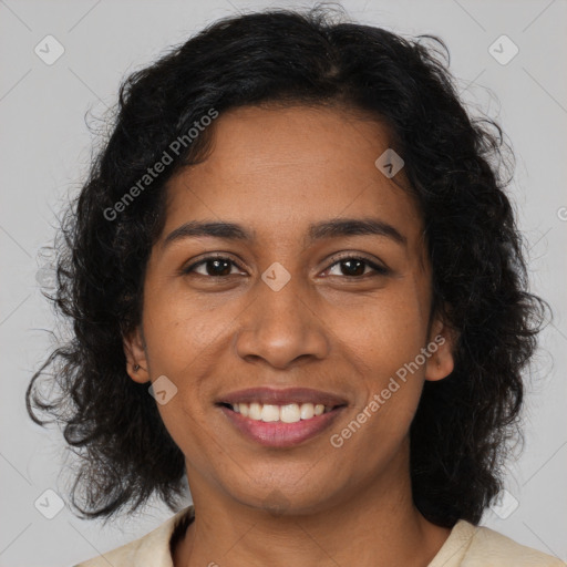 Joyful black young-adult female with medium  brown hair and brown eyes