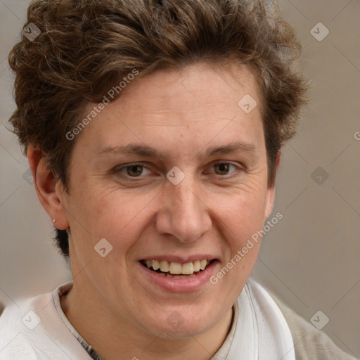 Joyful white adult female with short  brown hair and grey eyes