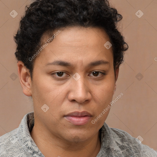 Neutral white young-adult female with short  brown hair and brown eyes