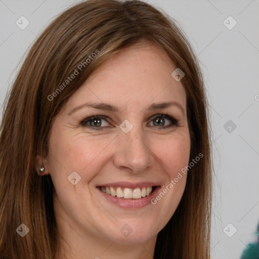 Joyful white young-adult female with long  brown hair and green eyes