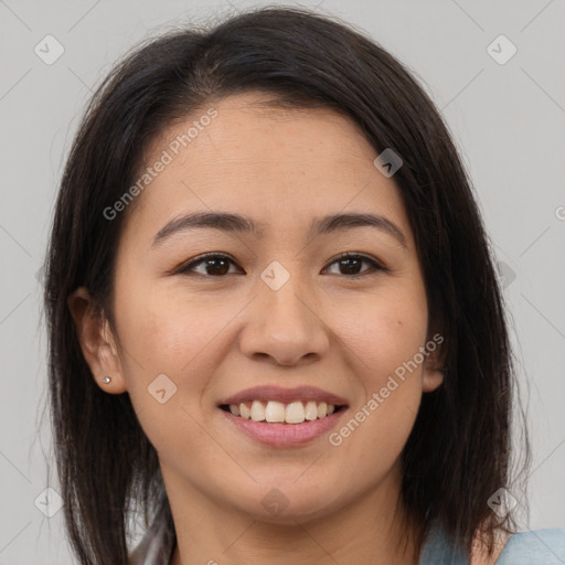 Joyful asian young-adult female with medium  brown hair and brown eyes